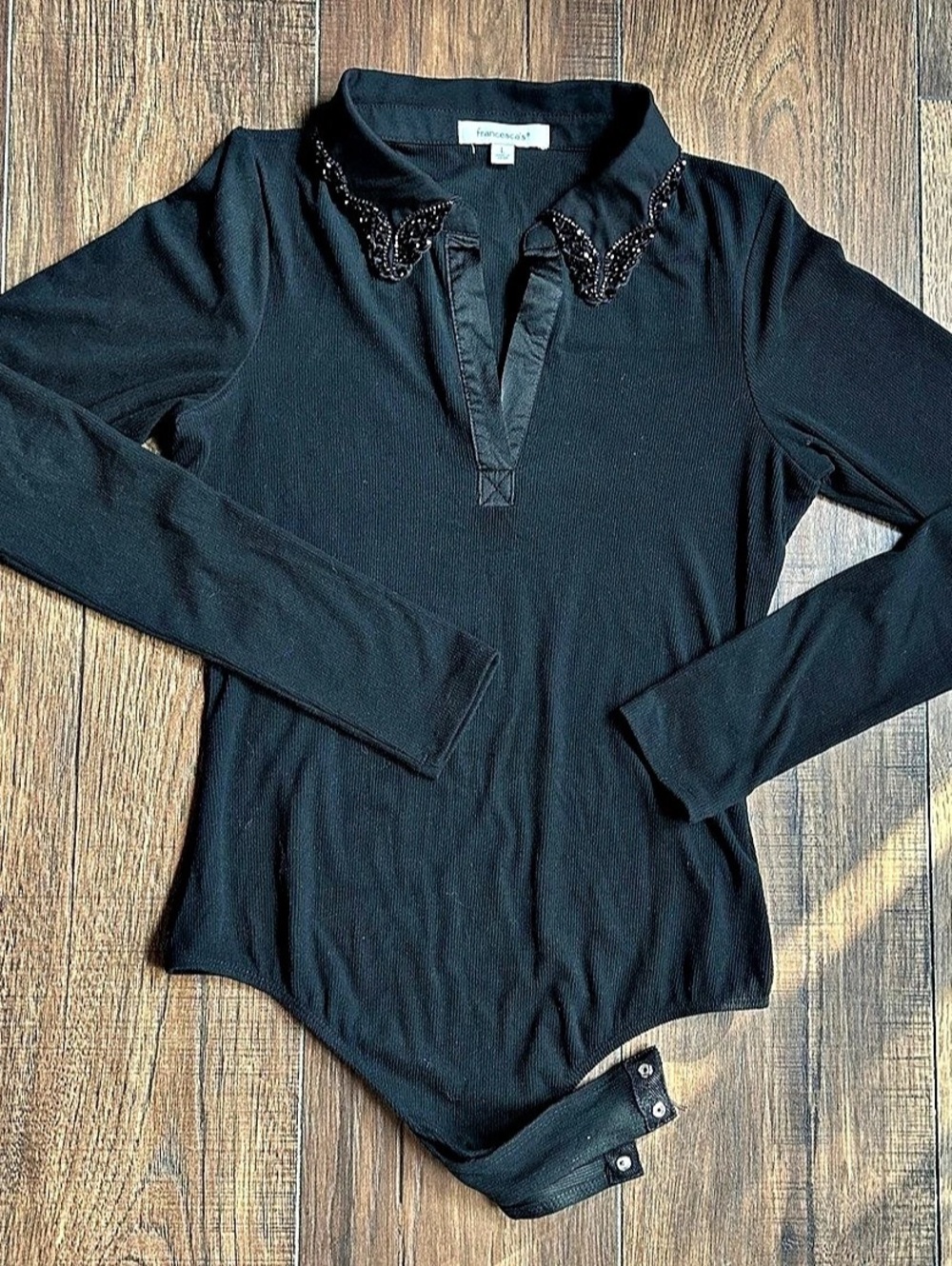 francesca's Black Beaded Embellished Collar Ribbed Bodysuit Large